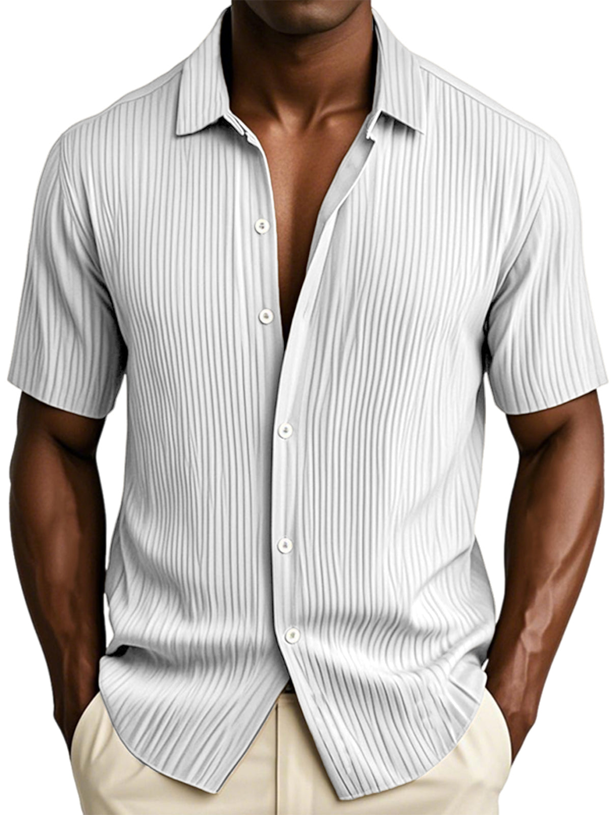 Men's Textured Vertical Striped Ice Silk Ripped Casual Button-down Short-sleeved Shirt