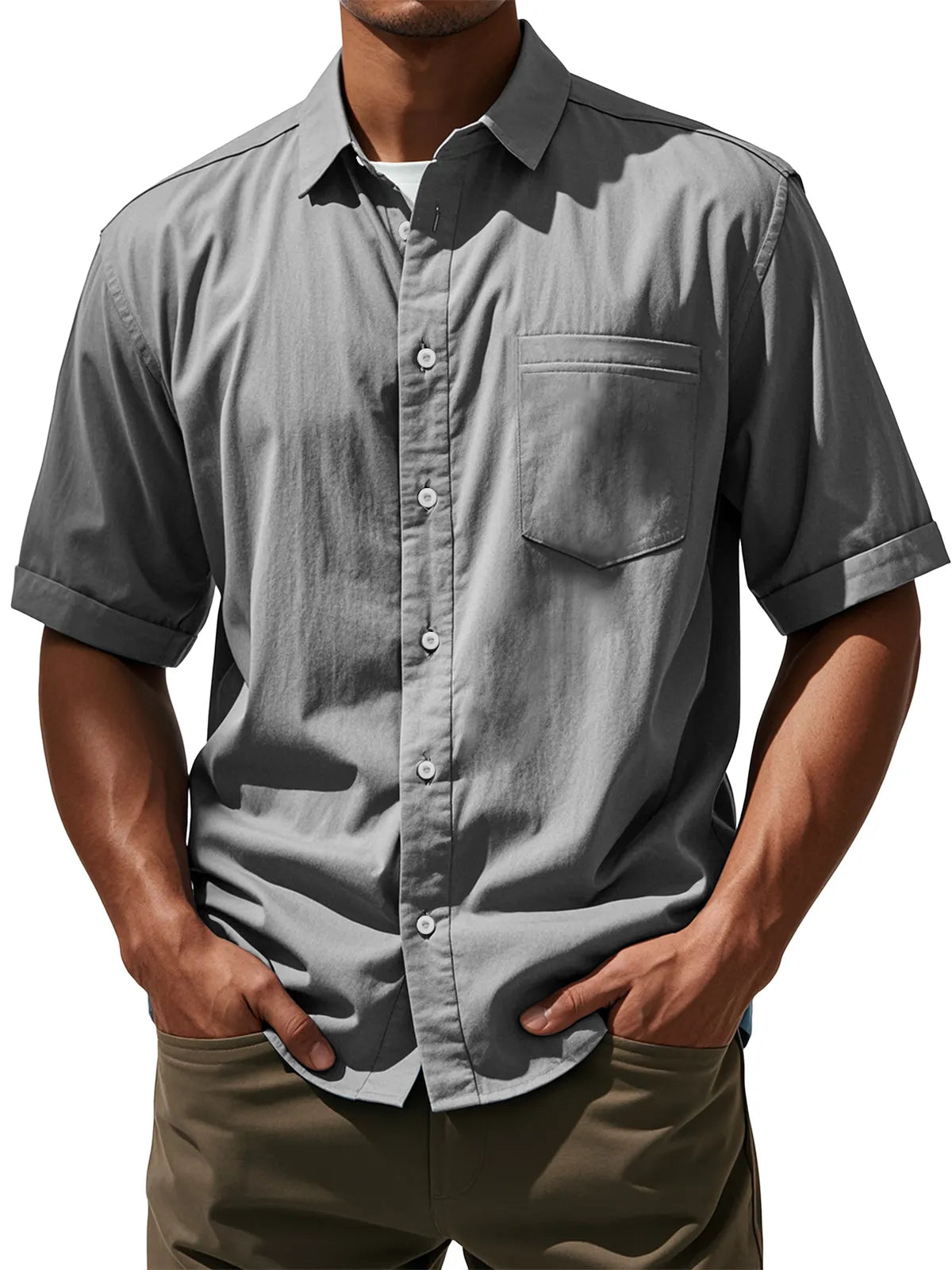 Men's Daily Casual Pocket Solid Color Comfortable Short Sleeve Shirt