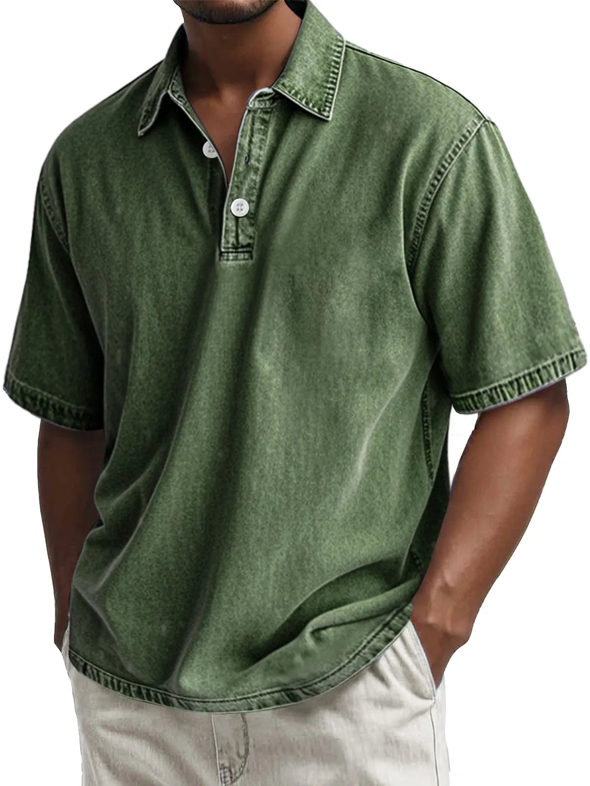 Men's Retro Cotton Washed Casual Lapel Short Sleeve POLO Shirt