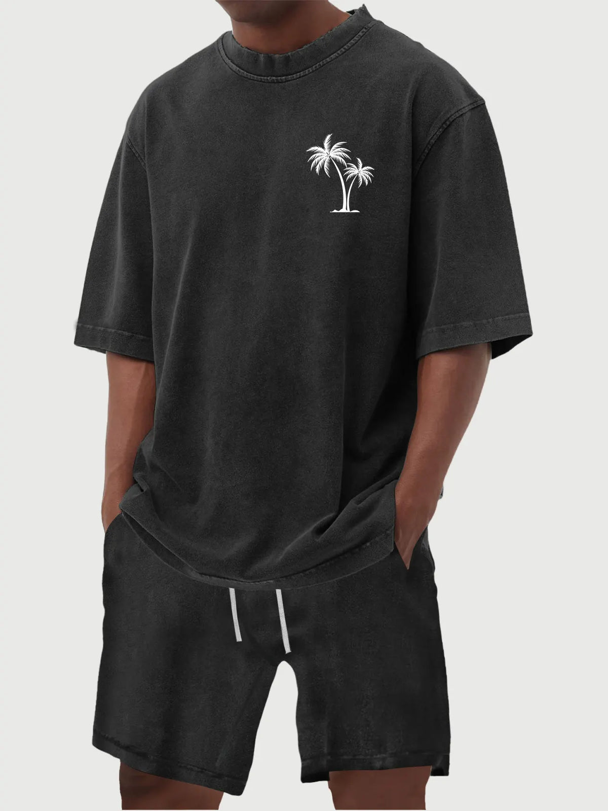 Men's 100% Cotton Vintage Distressed Washed Coconut Tree Print Short Sleeved Shirt Shorts Set