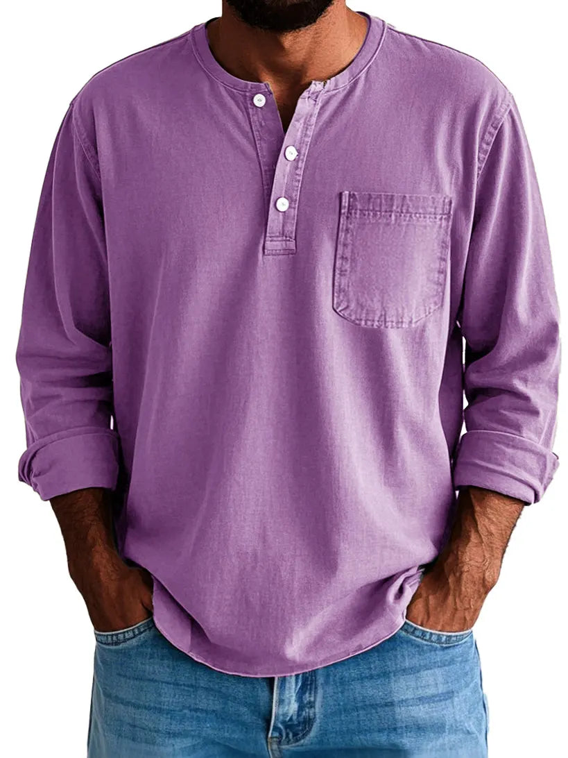 Men's Fashion Vintage Washed Cotton Long Sleeve Pocket Henley Shirt