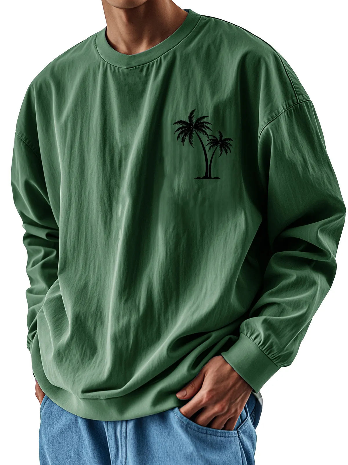 Men's Fashion Casual Round Neck Coconut Tree Print Long Sleeve T-shirt