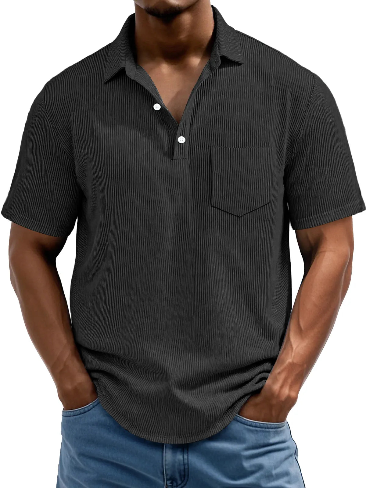 Men's Daily Rip Texture Casual Lapel Button Pocket Short Sleeve Polo Shirt
