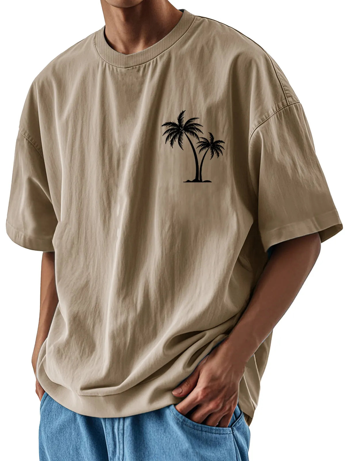 Men's Fashion Casual Loose Pocket Coconut Print Short Sleeve T-Shirt
