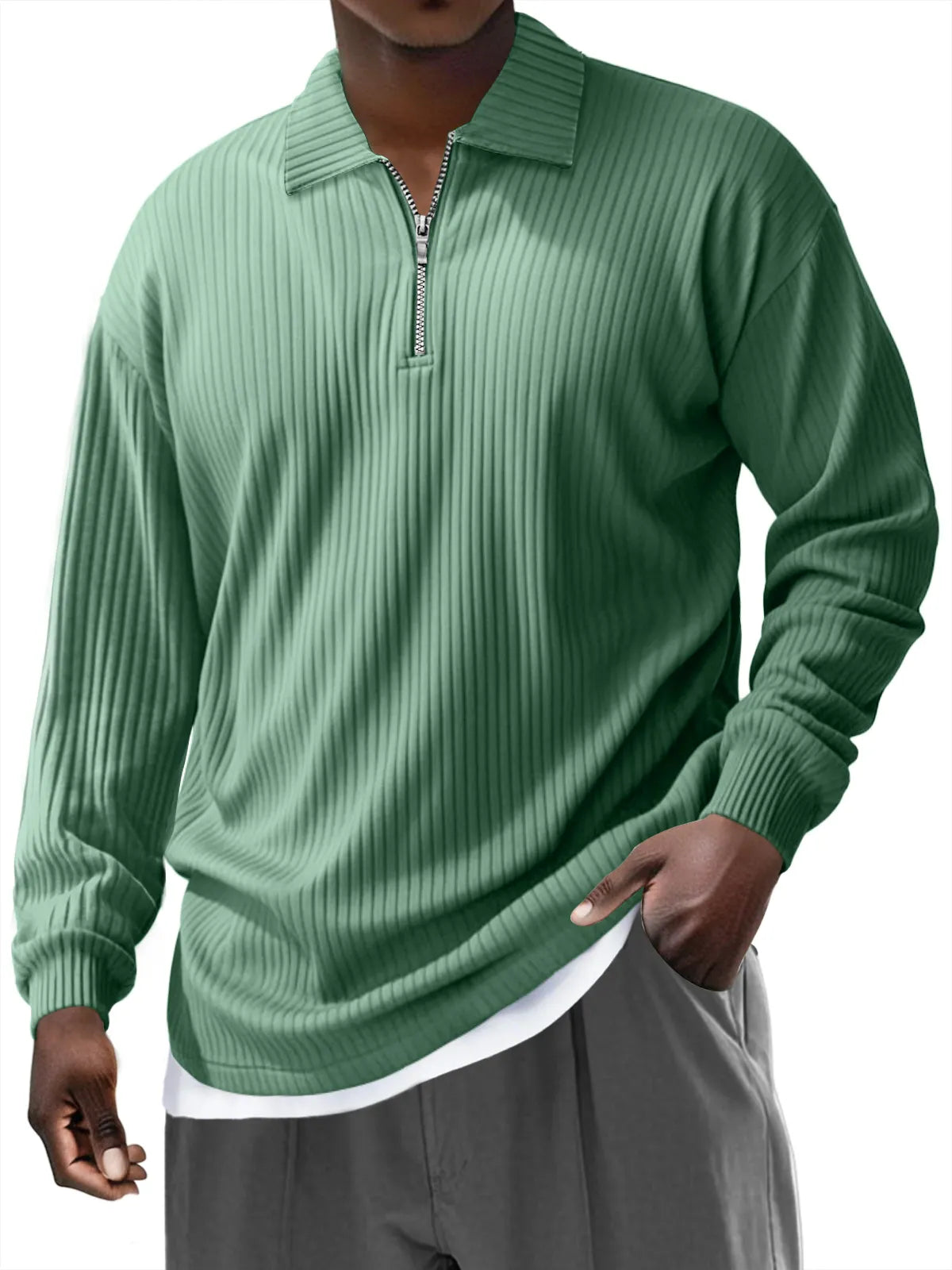 Men's Pit Zipper Lapel Solid Color Long-sleeved Polo Shirt