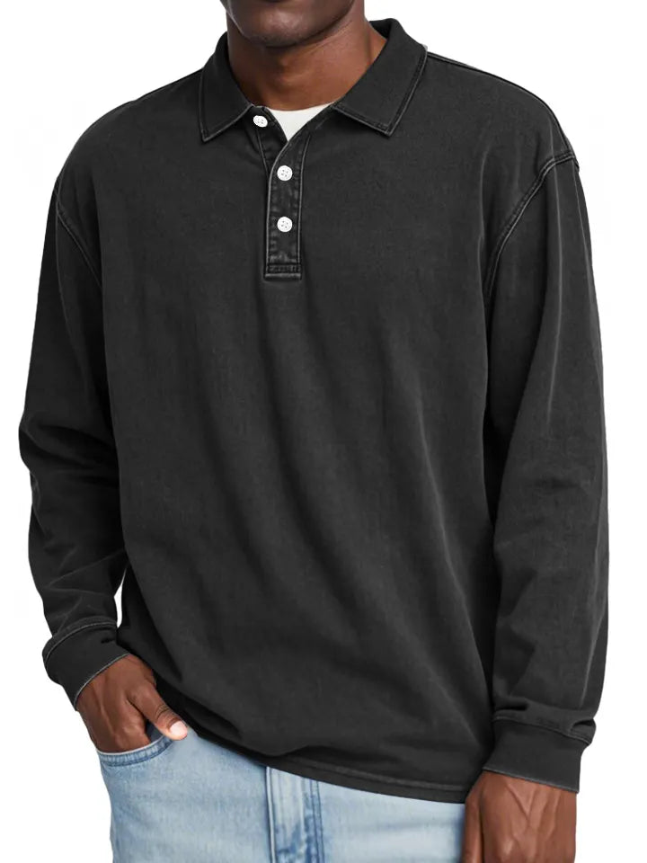 Men's Retro Lapel Button Solid Color Long Sleeve POLO Shirt