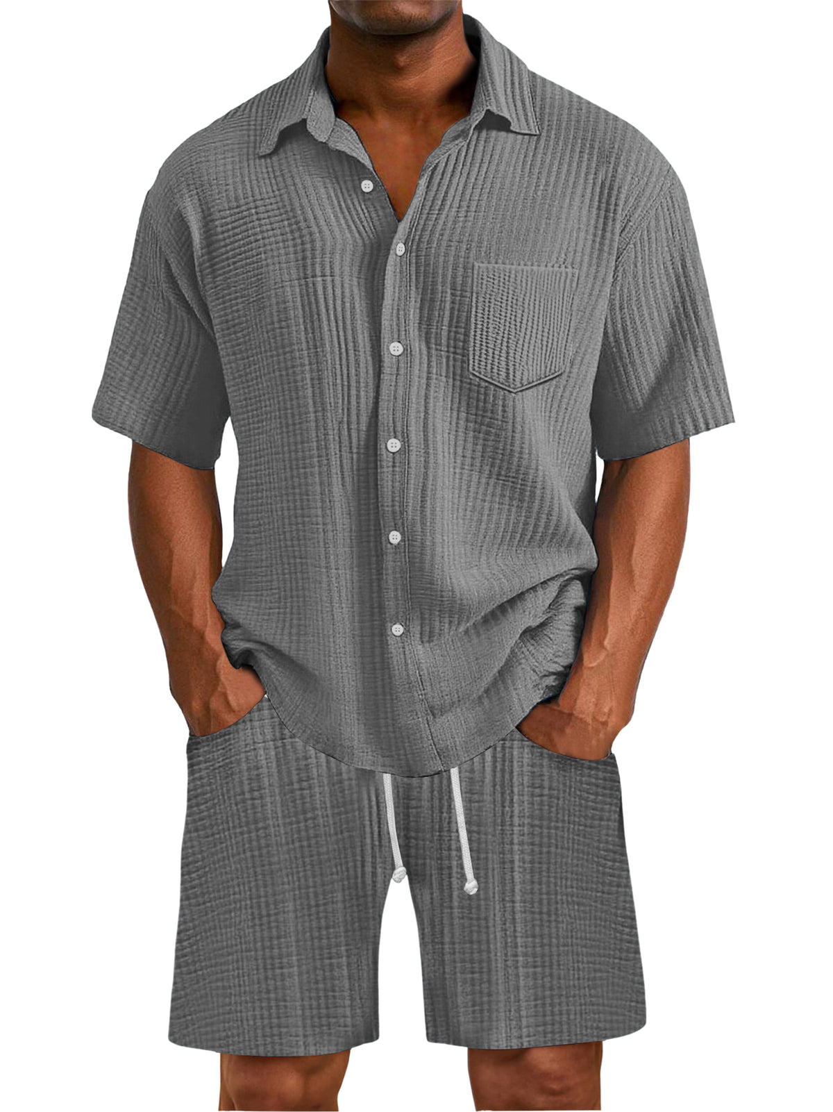 Men's Daily Wrinkled Texture Pocket Shirt Shorts Set