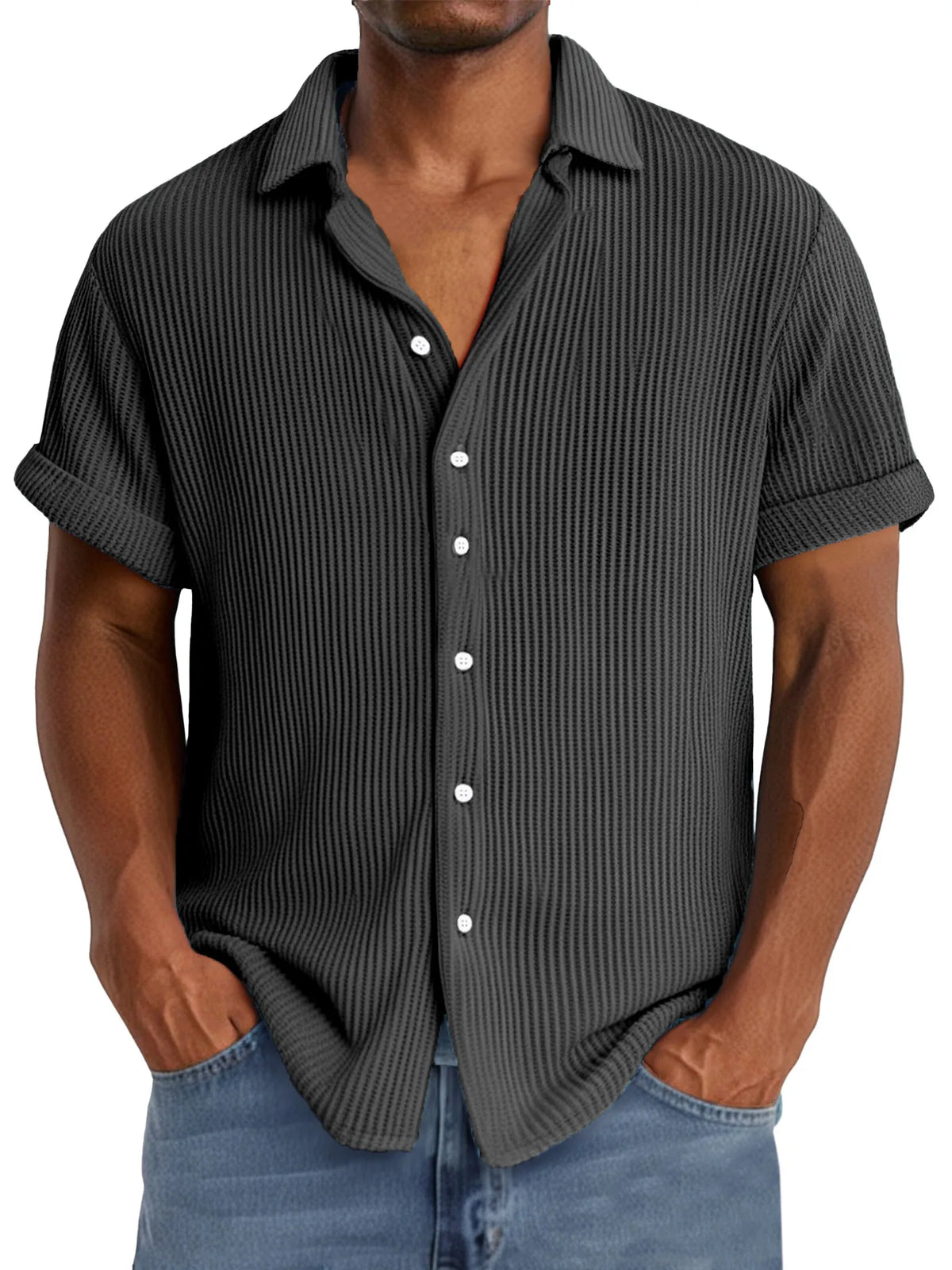 Men's summer casual simple waffle texture short-sleeved shirt