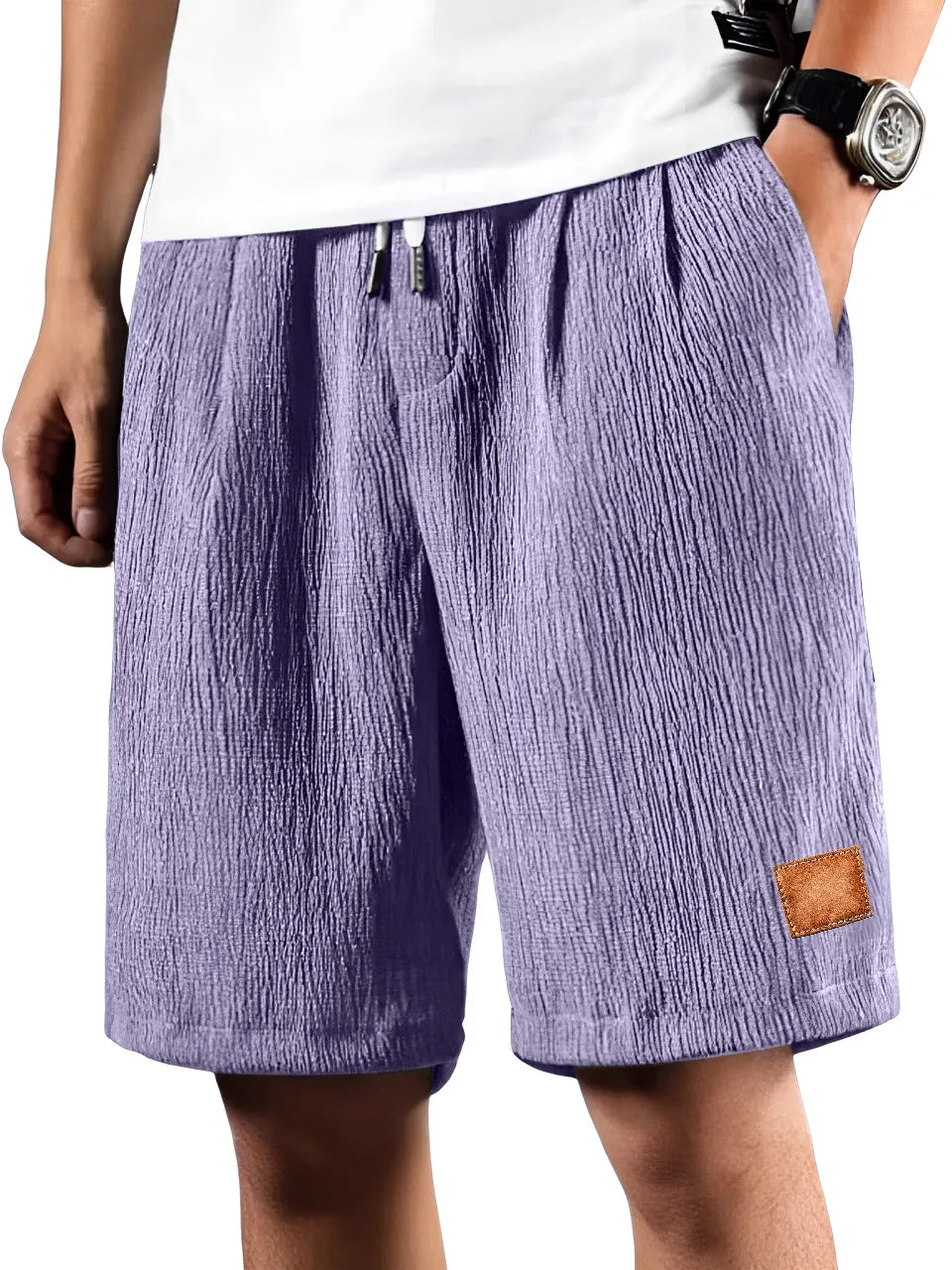 Men's Daily Pleated Texture Embroidered Logo Drawstring Casual Shorts