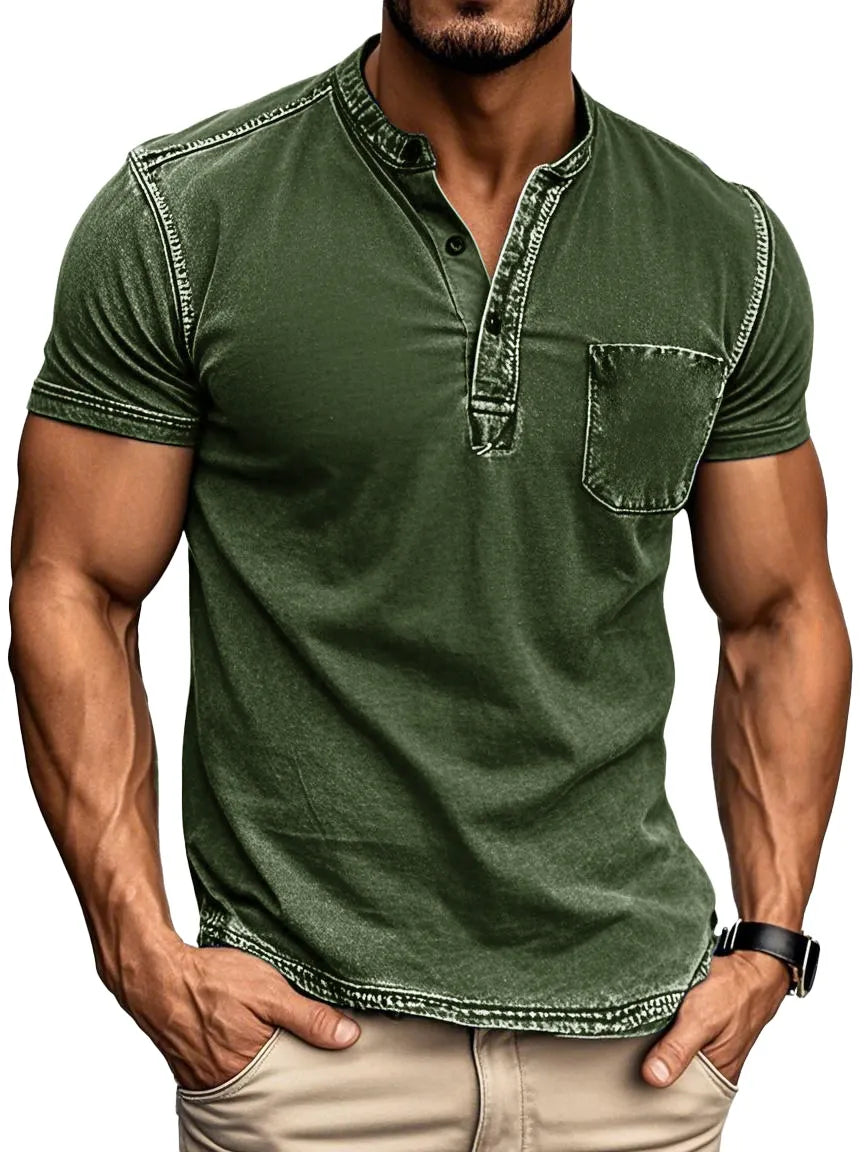 Men's Vintage Outdoor Distressed Short Sleeve Pocket Henley Shirt