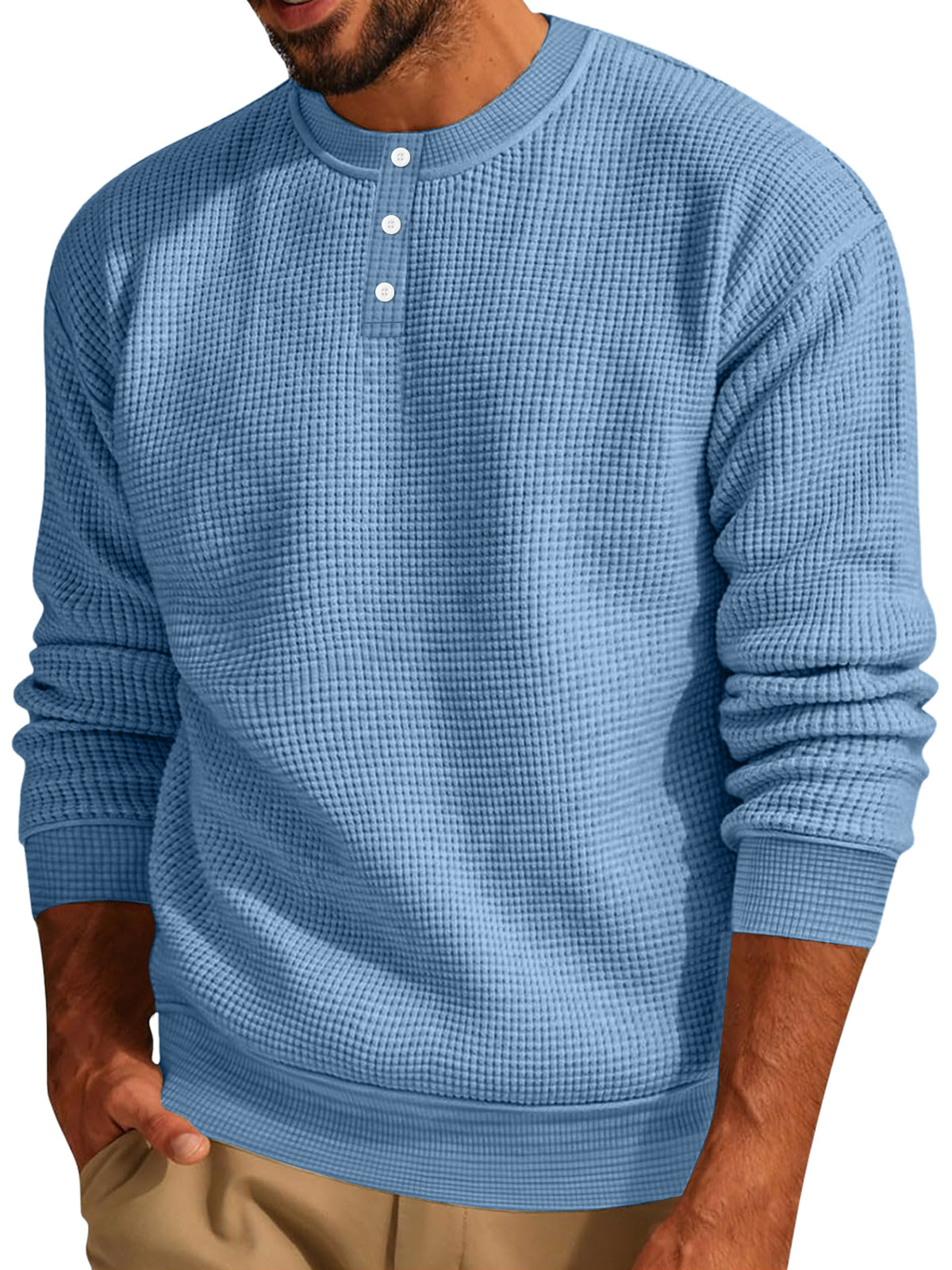 Men's Casual Waffle Solid Button Up Long Sleeve Henley