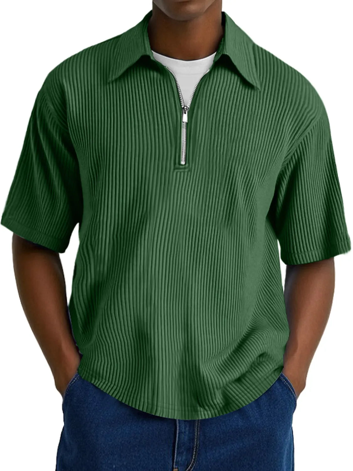 Men's Fashion Ribbed Texture Lapel Zipper Casual Comfort Short Sleeve POLO Shirt