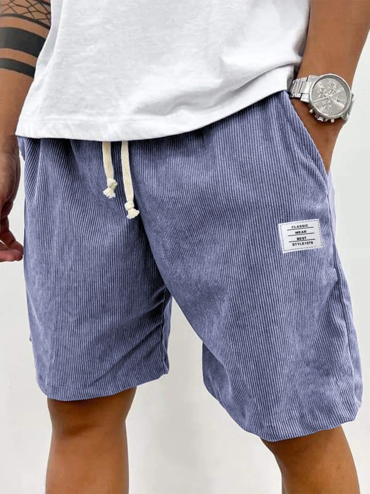 Men's Stylish Corduroy Simple Embroidered Logo Casual Lace-up Loose Shorts