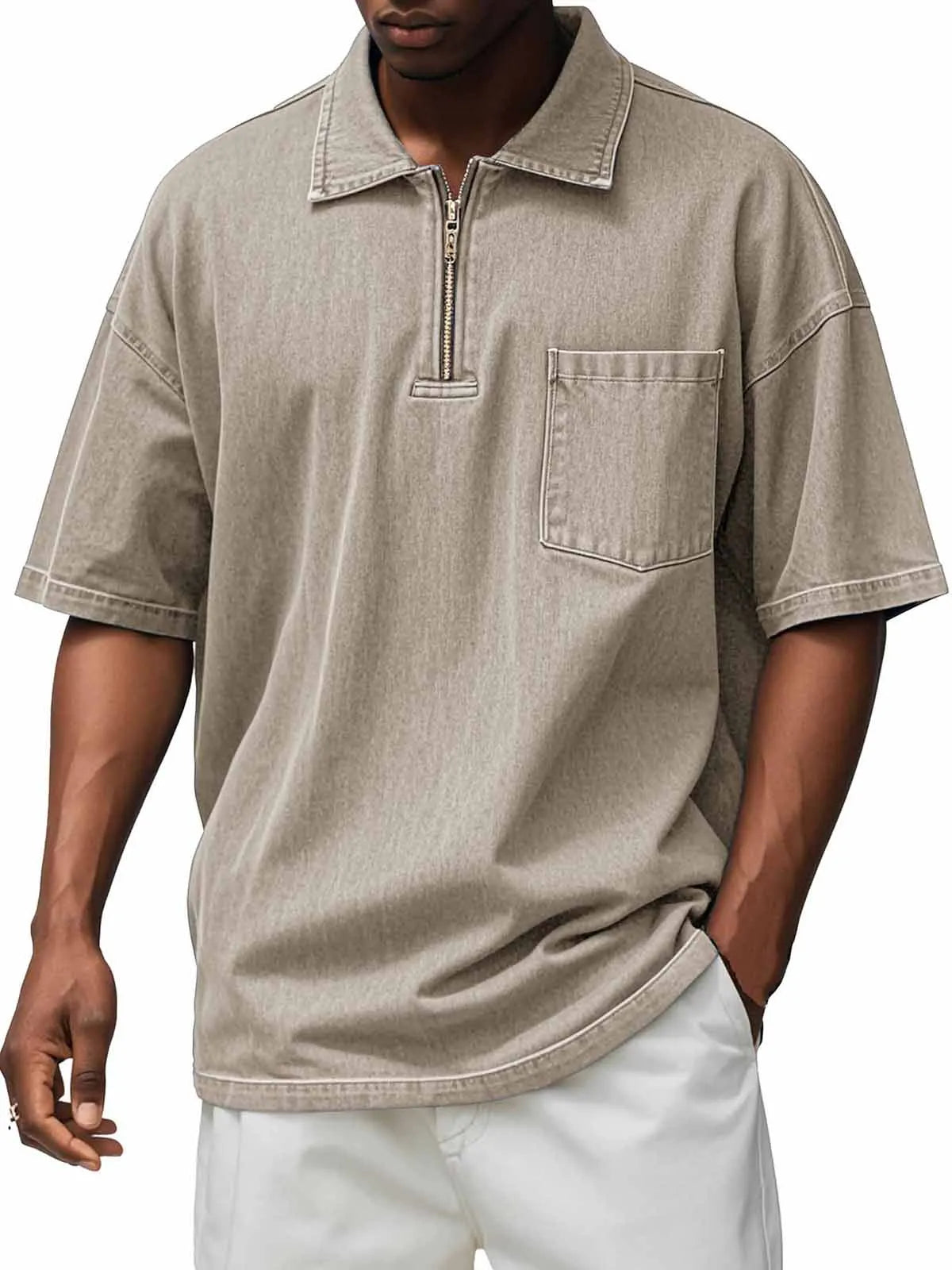 Men's Retro Distressed Zip Pocket Short Sleeve Polo Shirt