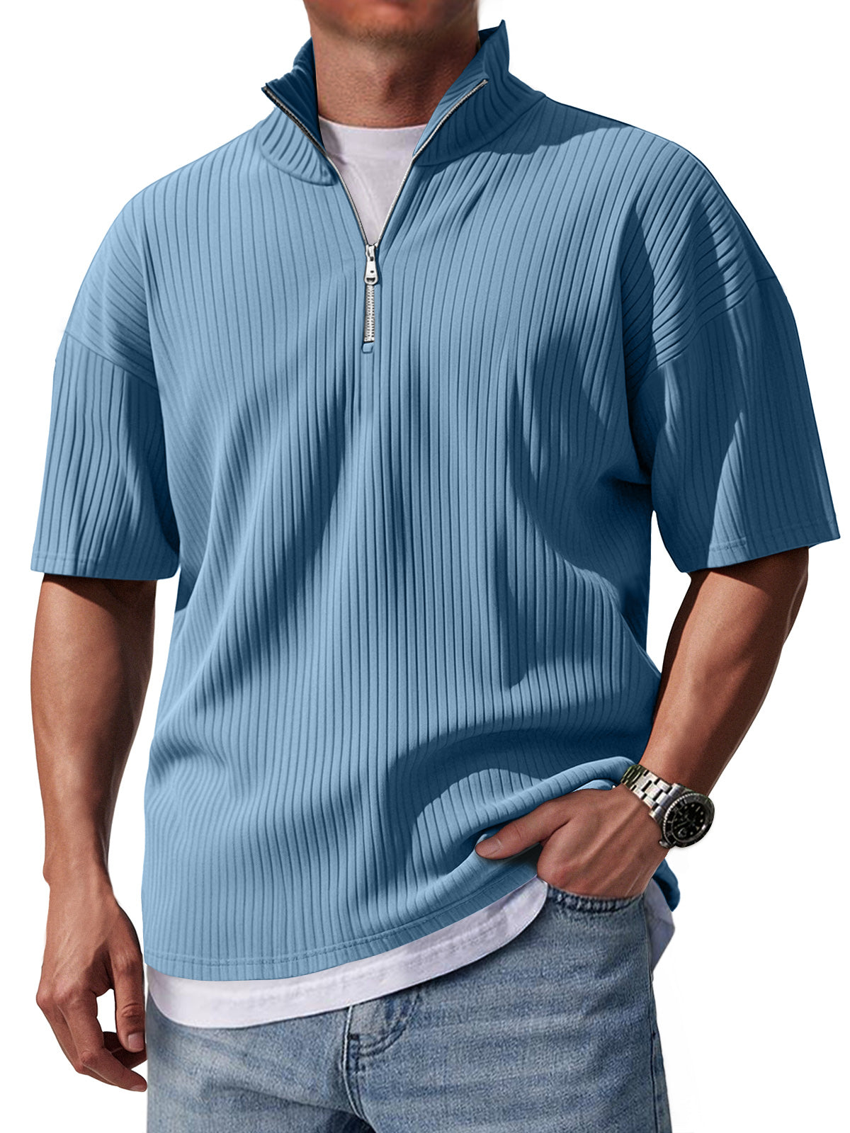 Men's Stand Collar Zipper Pit Casual Solid Color Short-sleeved T-shirt