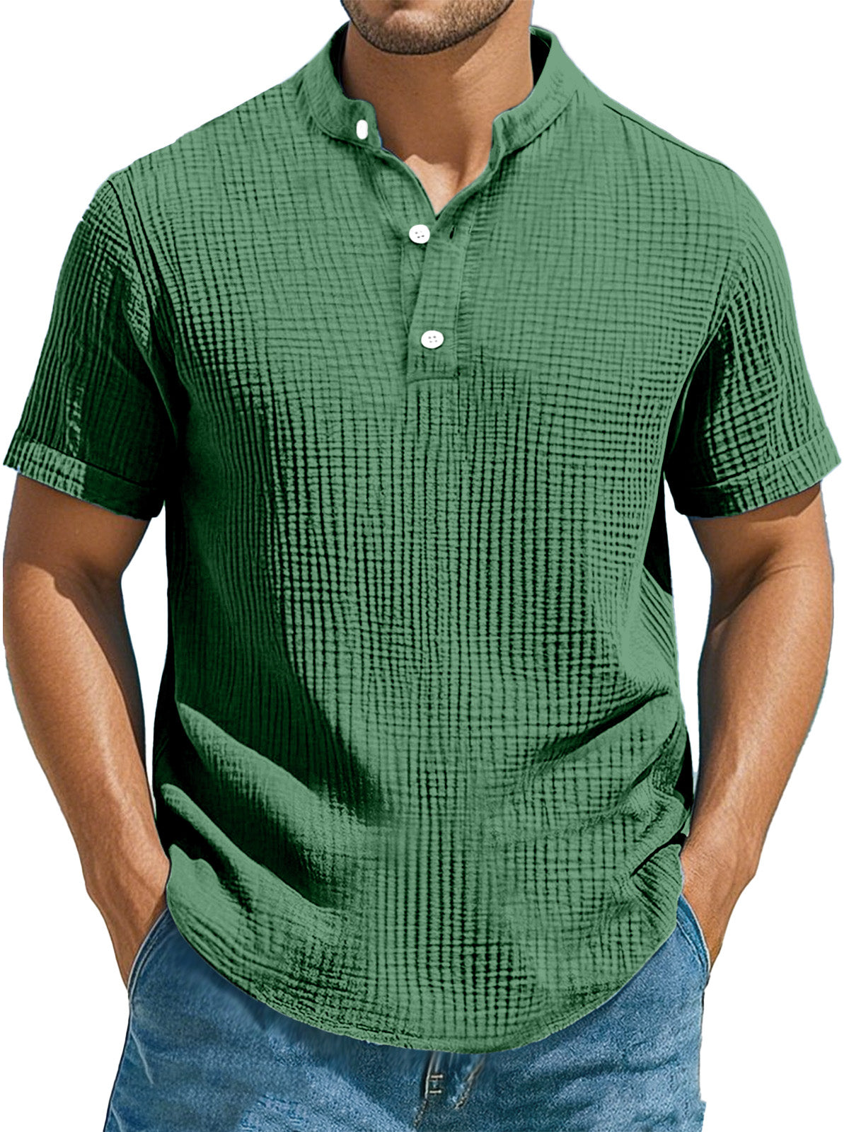 Men's Casual Solid Color Pleated Texture Short-sleeved Stand Collar Henley Shirt