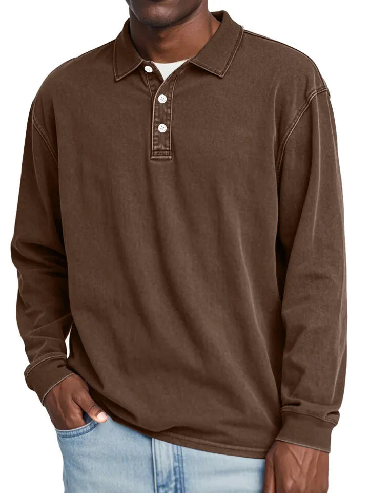Men's Retro Lapel Button Solid Color Long Sleeve POLO Shirt