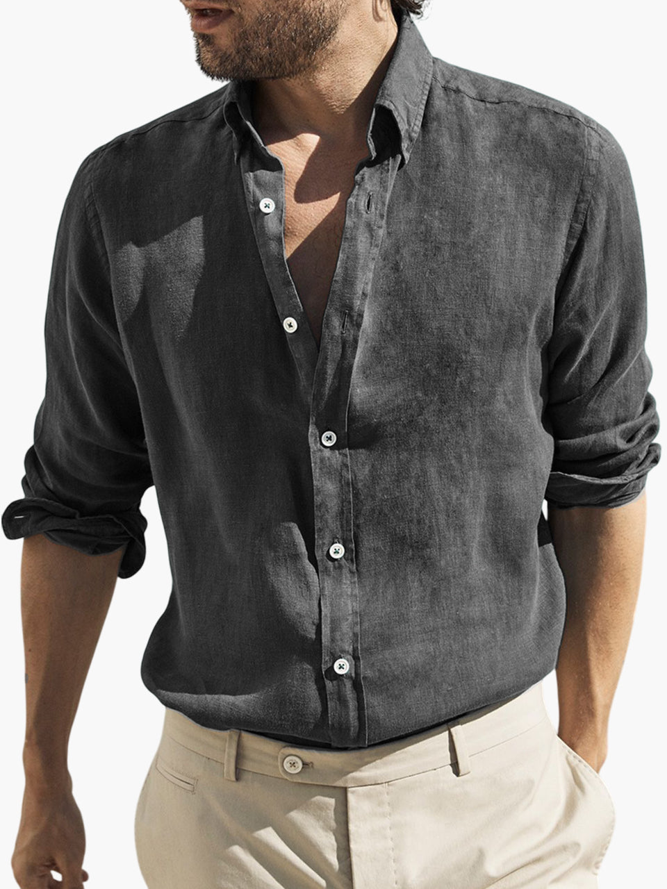 Men's Vintage Cotton Distressed Basic Washed Loose Long Sleeve Button Lapel Everyday Shirt