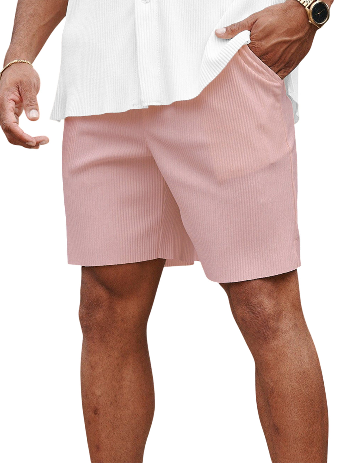 Men's Casual Pit Stripe Pleated Elastic Stretch Shorts with Side Pockets