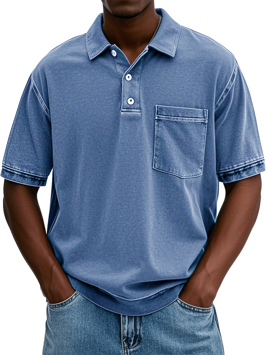 Men's Retro Distressed Lapel Short-sleeved Pocket Polo Shirt