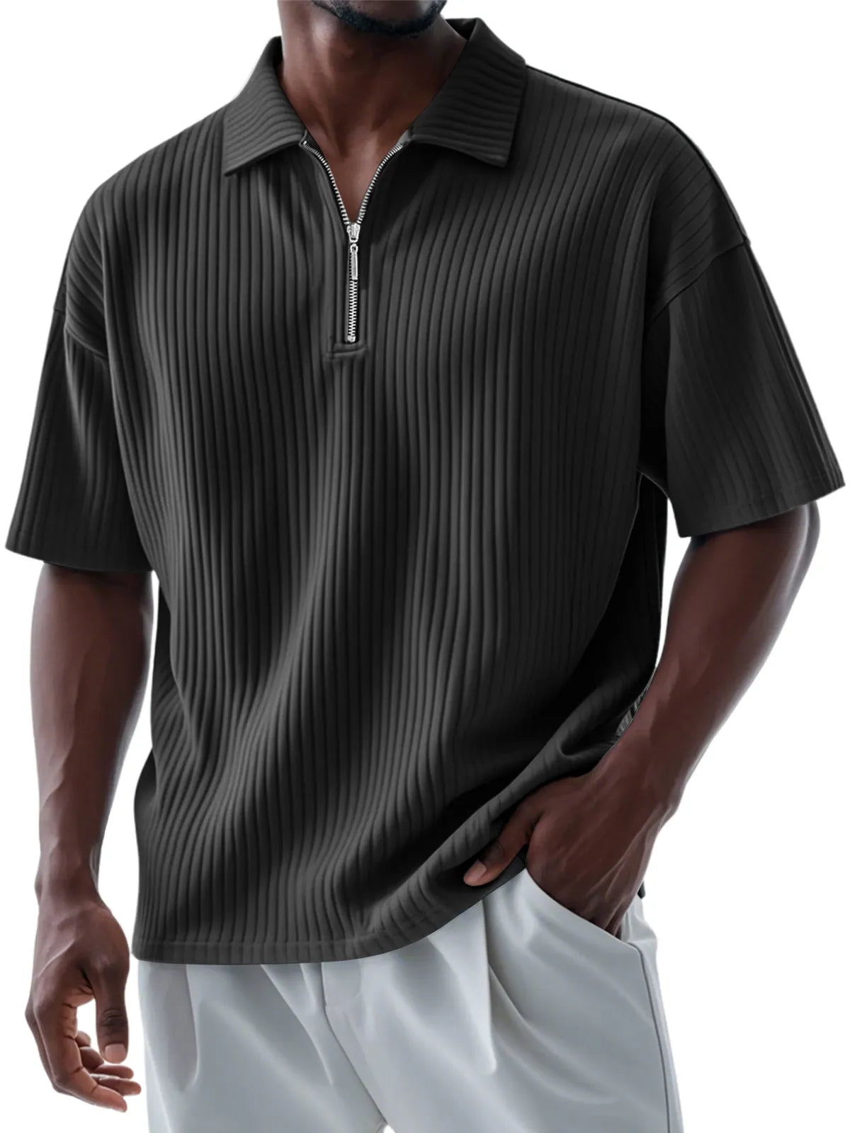 Men's Casual Daily Pitted Lapel Zipper Short-sleeved Polo Shirt