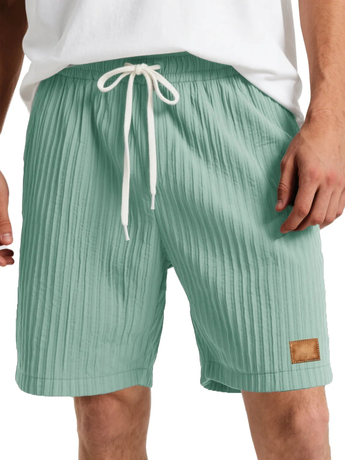 Men's Fashion Casual Striped Fabric Embroidered Logo Lace-up Loose Shorts
