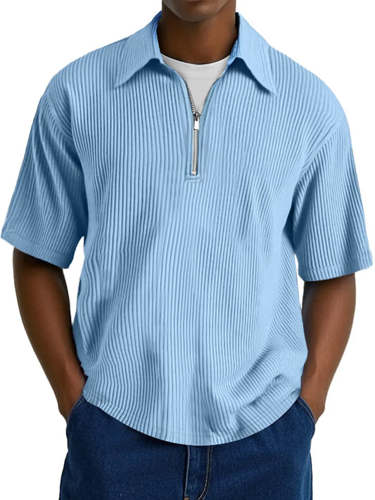 Men's Fashion Ribbed Texture Lapel Zipper Casual Comfort Short Sleeve POLO Shirt