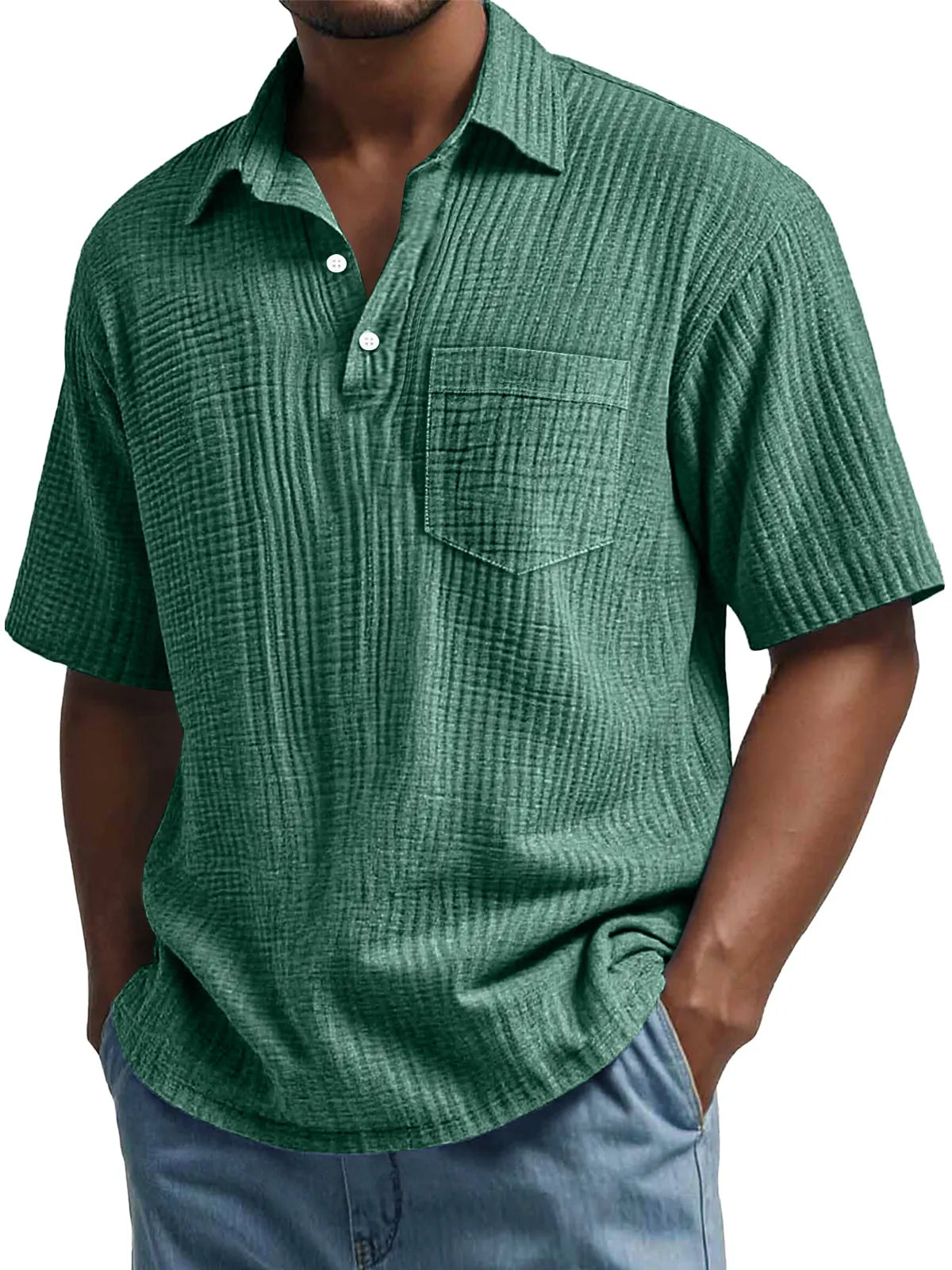 Men's Daily Pleated Casual Lapel Pocket Short Sleeve POLO Shirt