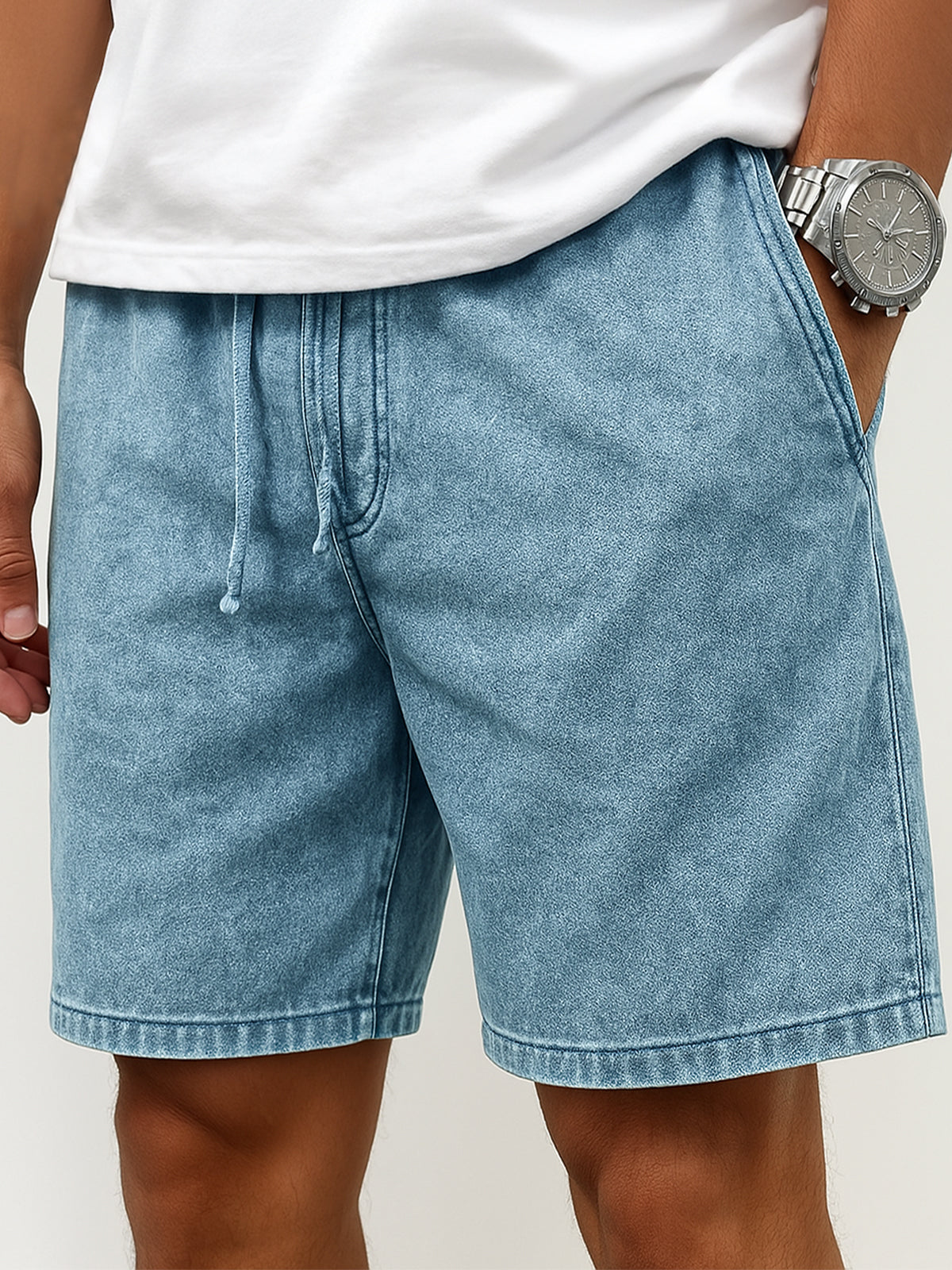 Men's Stylish Washed Lace-Up Casual Cropped Shorts with Side Pockets