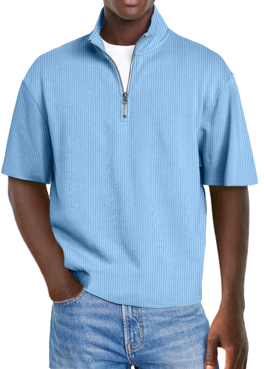 Men's Casual Solid Color Pit Collar Stand Collar Zipper Short Sleeve Polo Shirt