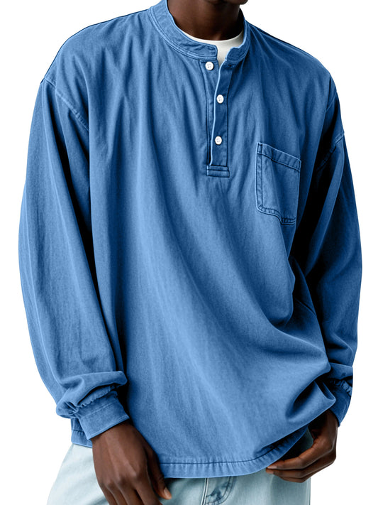 Men's Casual Solid Color Vintage Pocket Long Sleeve Button-down Henley Shirt
