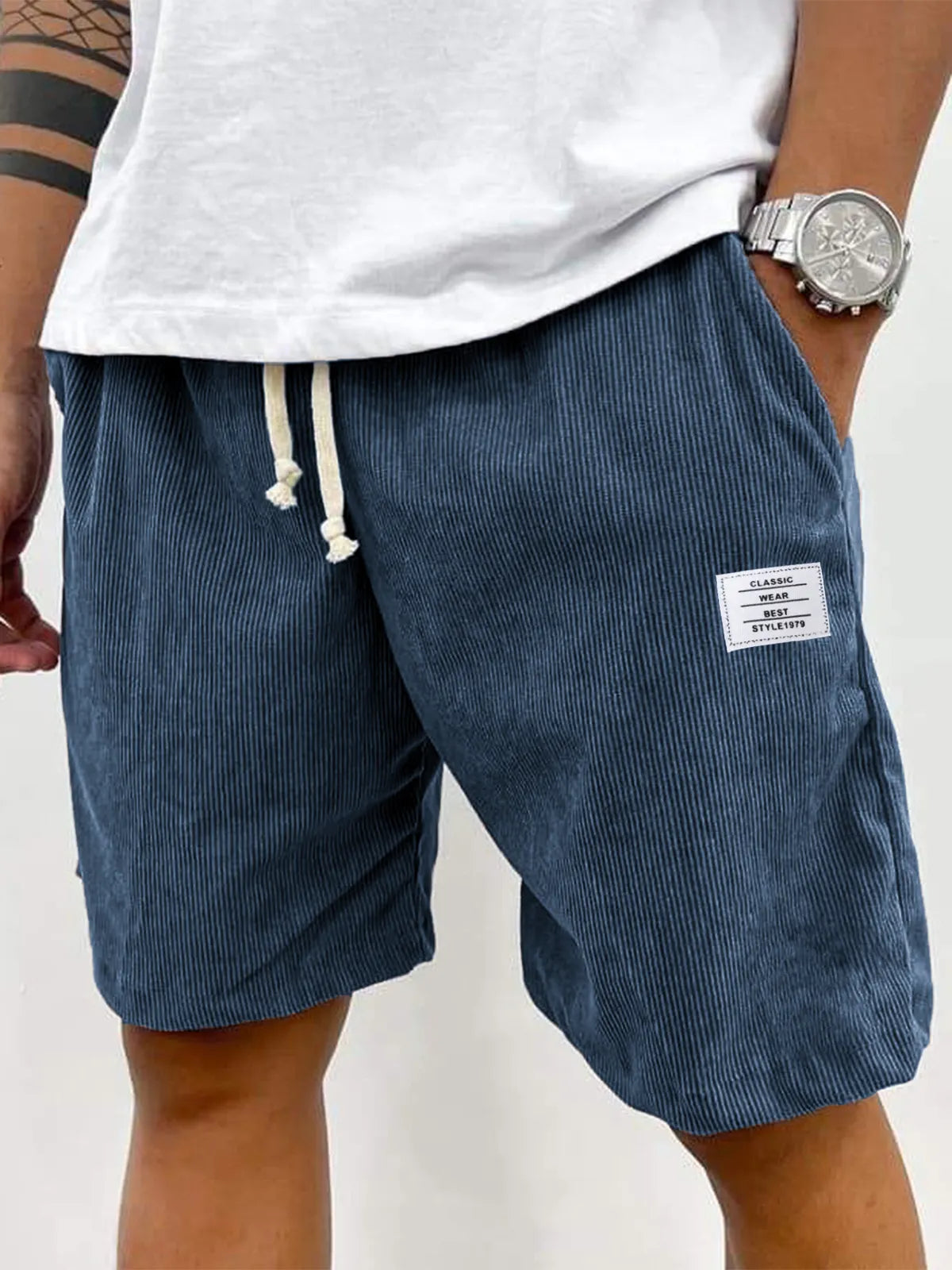 Men's Stylish Corduroy Simple Embroidered Logo Casual Lace-up Loose Shorts