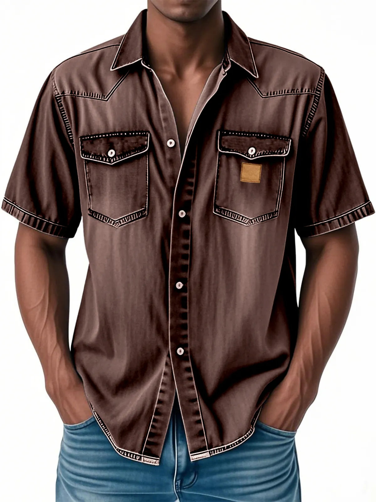 Men's Retro Western Embroidered Multi-Pocket Button Casual Short Sleeve Shirt
