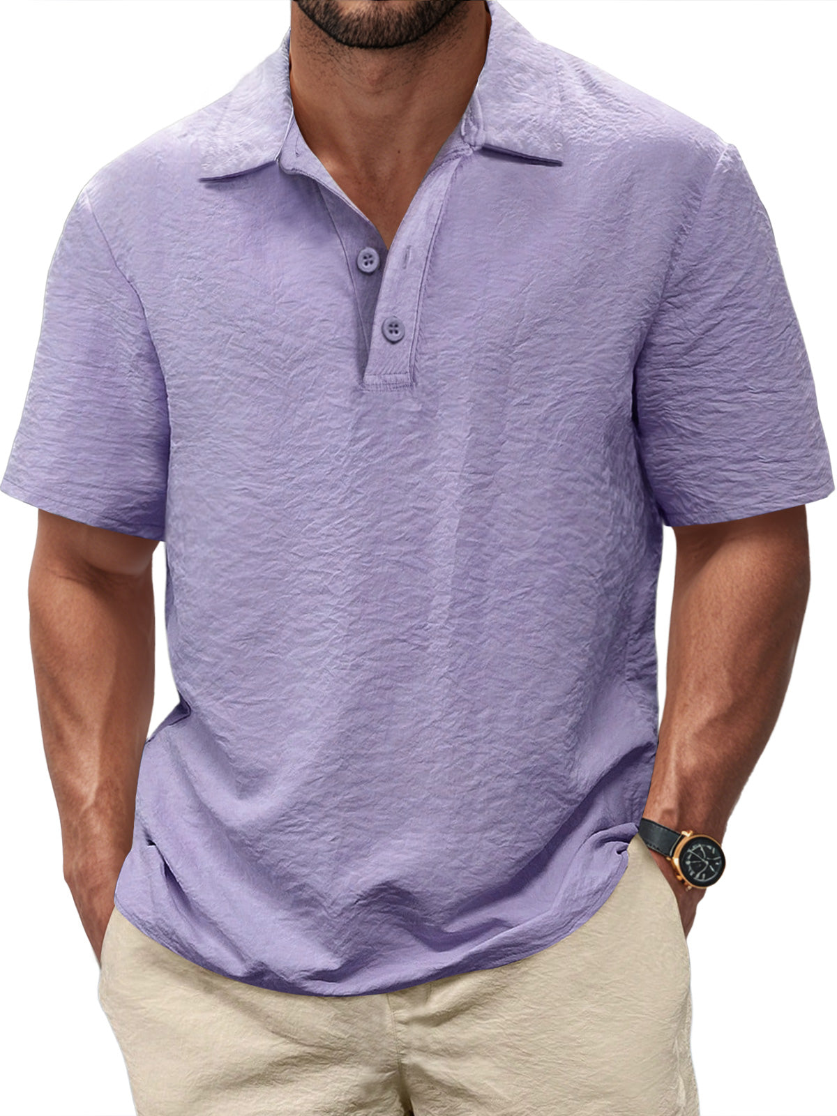 Men's Casual Pleated Texture Button Solid Color Short-sleeved Polo Shirt