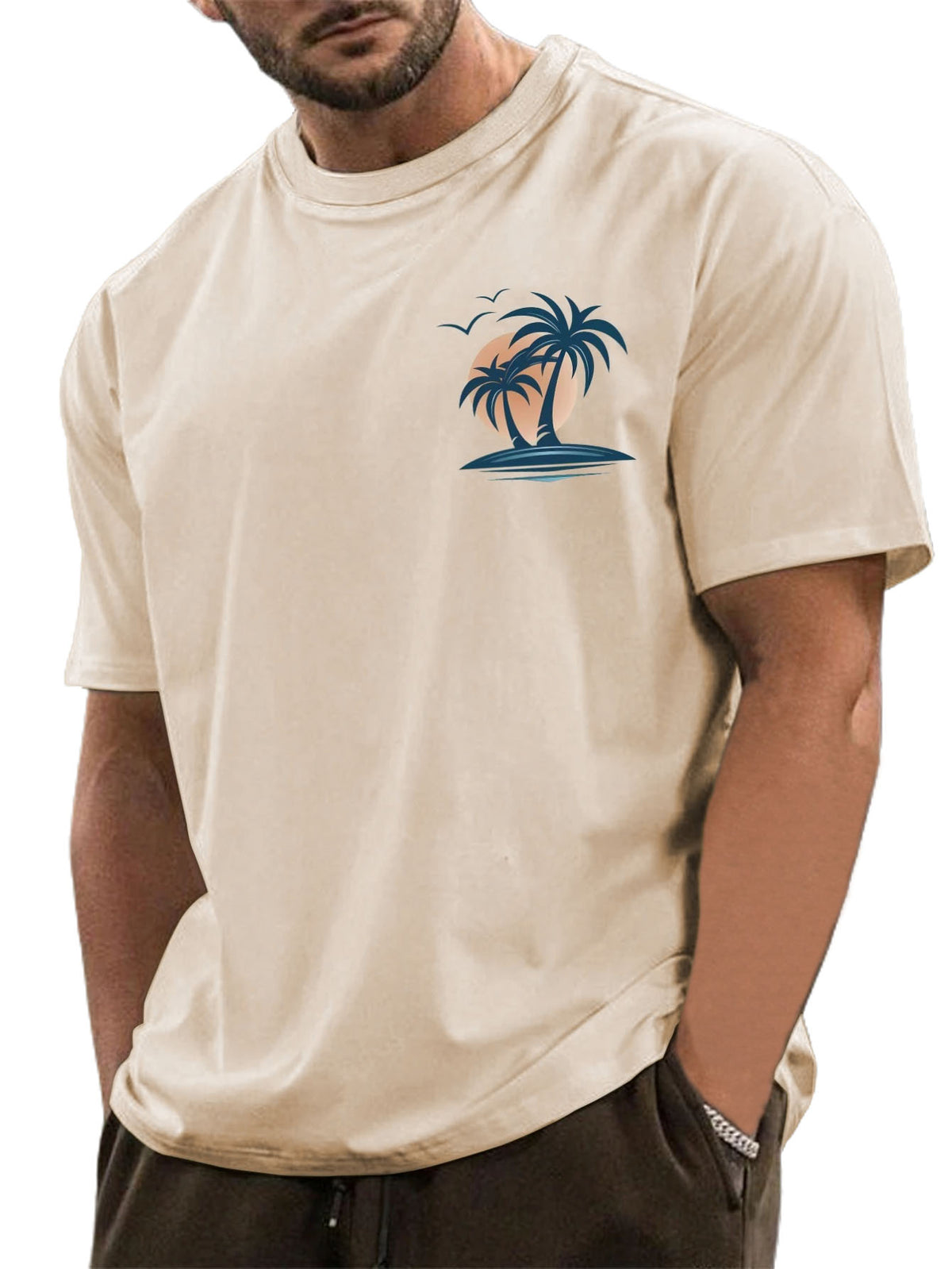 Men's Cotton Basic Casual Palm Tree Print Comfortable Short-sleeved T-shirt