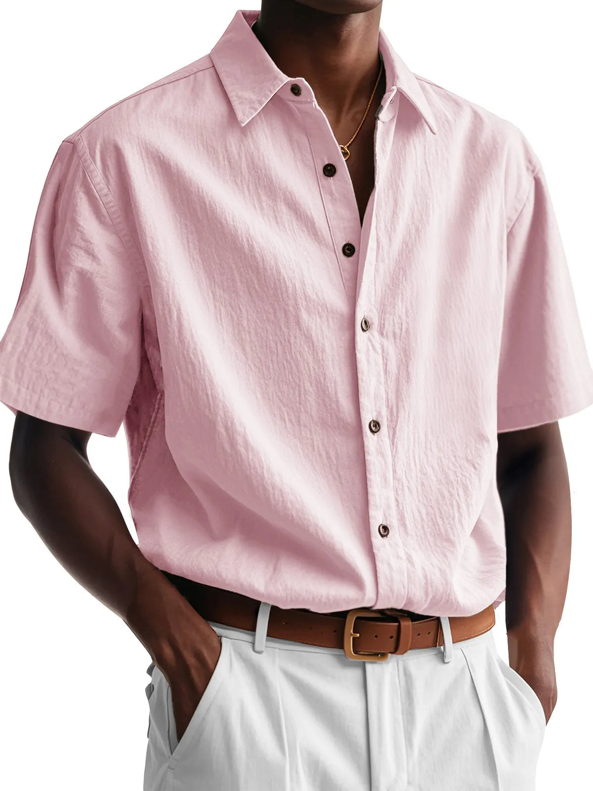Men's Fashion Casual Pleated Fabric Short Sleeve Lapel Shirt