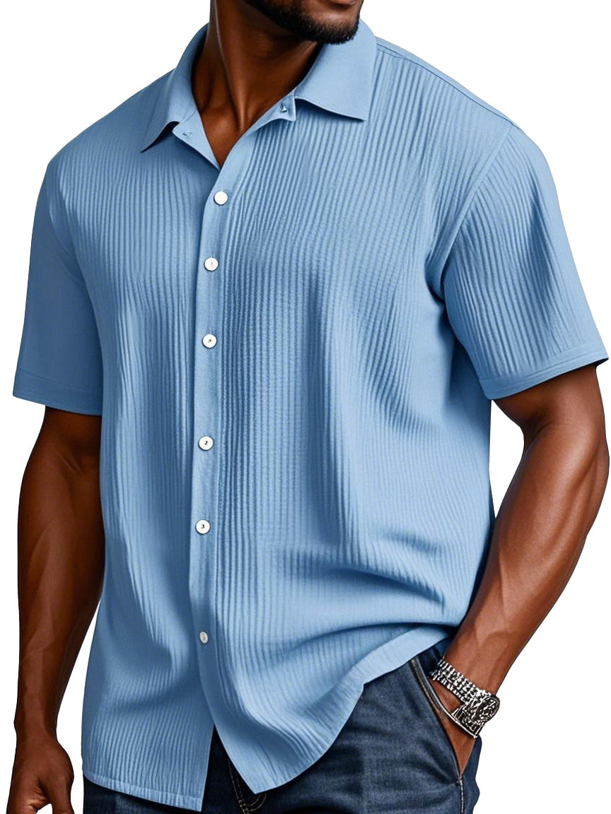 Men's Comfortable Solid Color Texture Short Sleeve Button Shirt