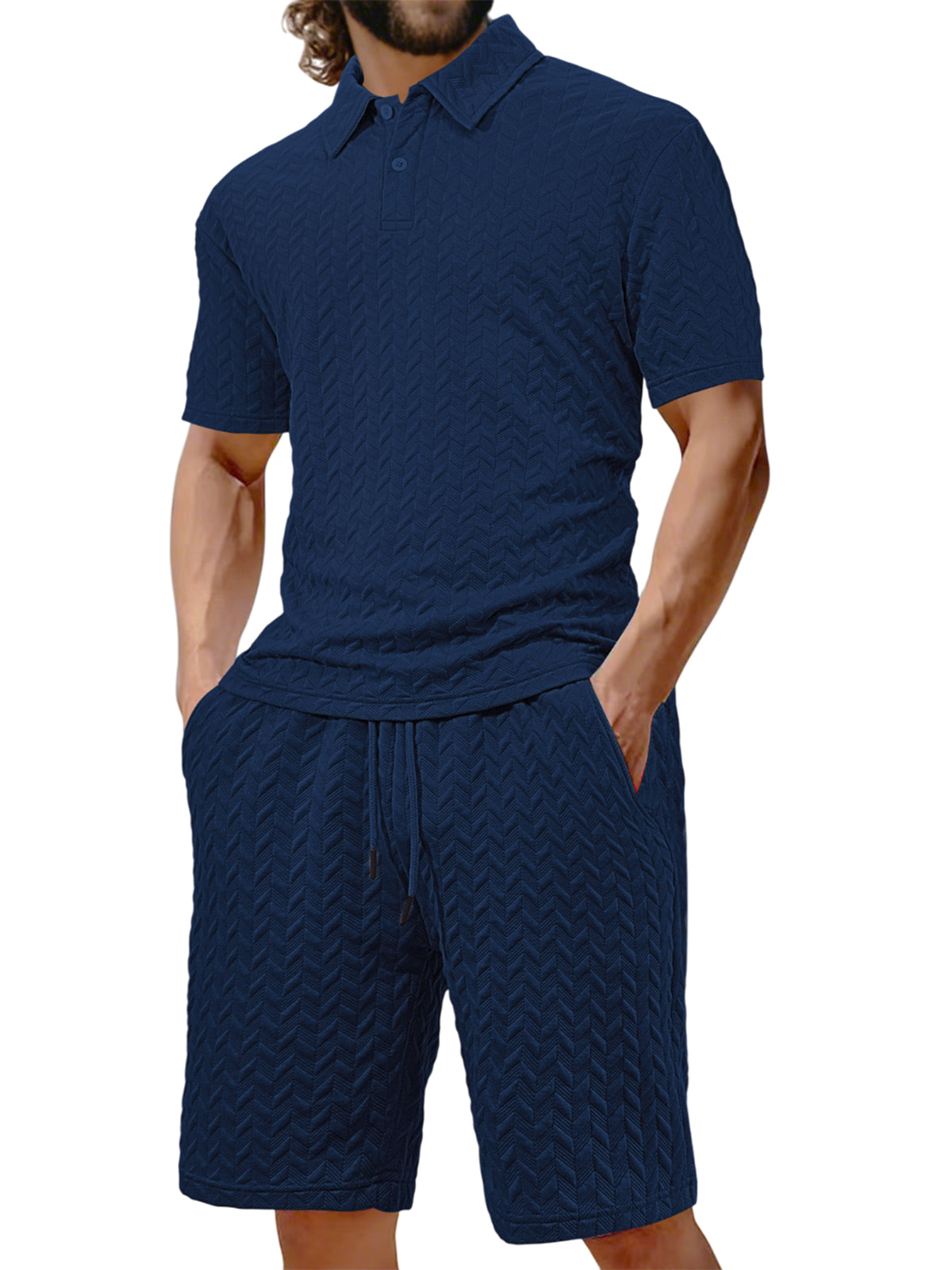 Men's Jacquard Texture Holiday Casual Polo Shirt Lapel Short-sleeved Shorts Suit