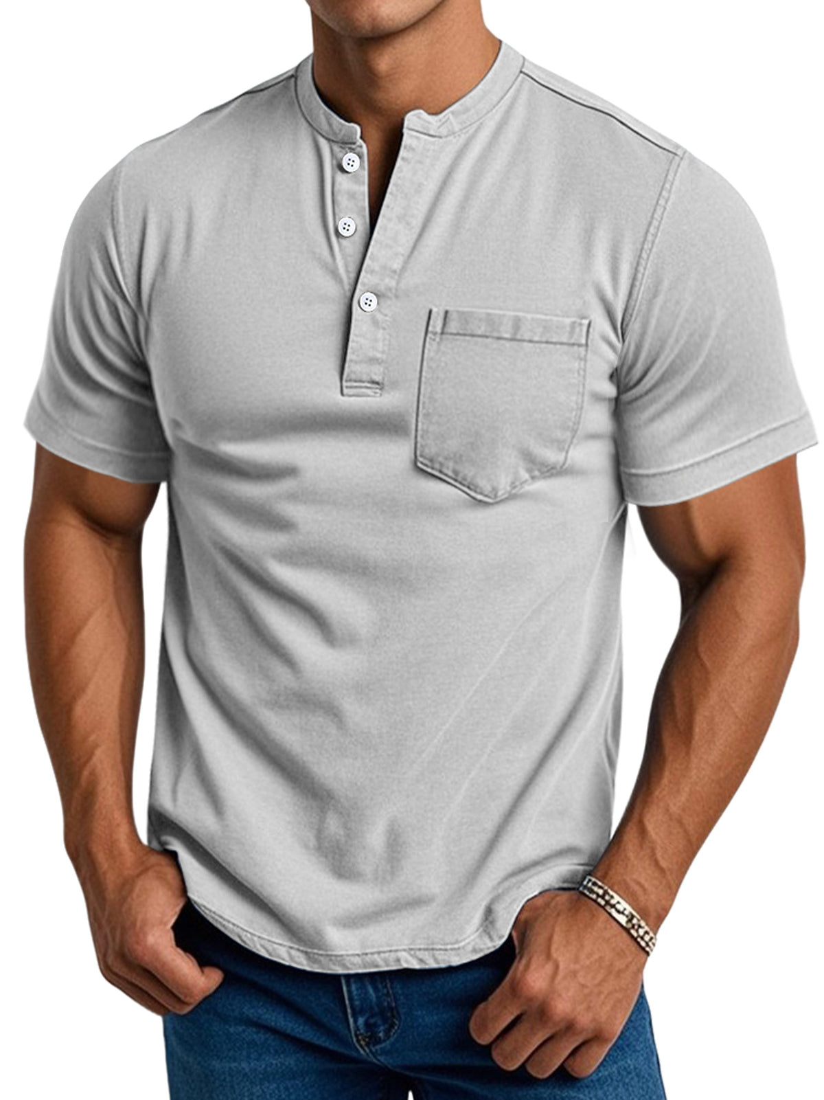 Men's Daily Casual Pocket Stand Collar Short Sleeve Comfortable Henley Shirt