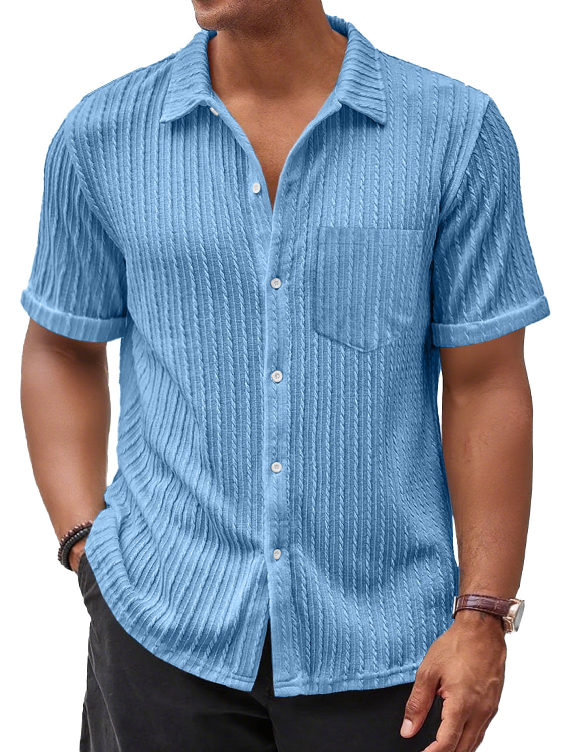 Men's Daily Casual Jacquard Texture Pocket Solid Color Comfortable Short-sleeved Shirt