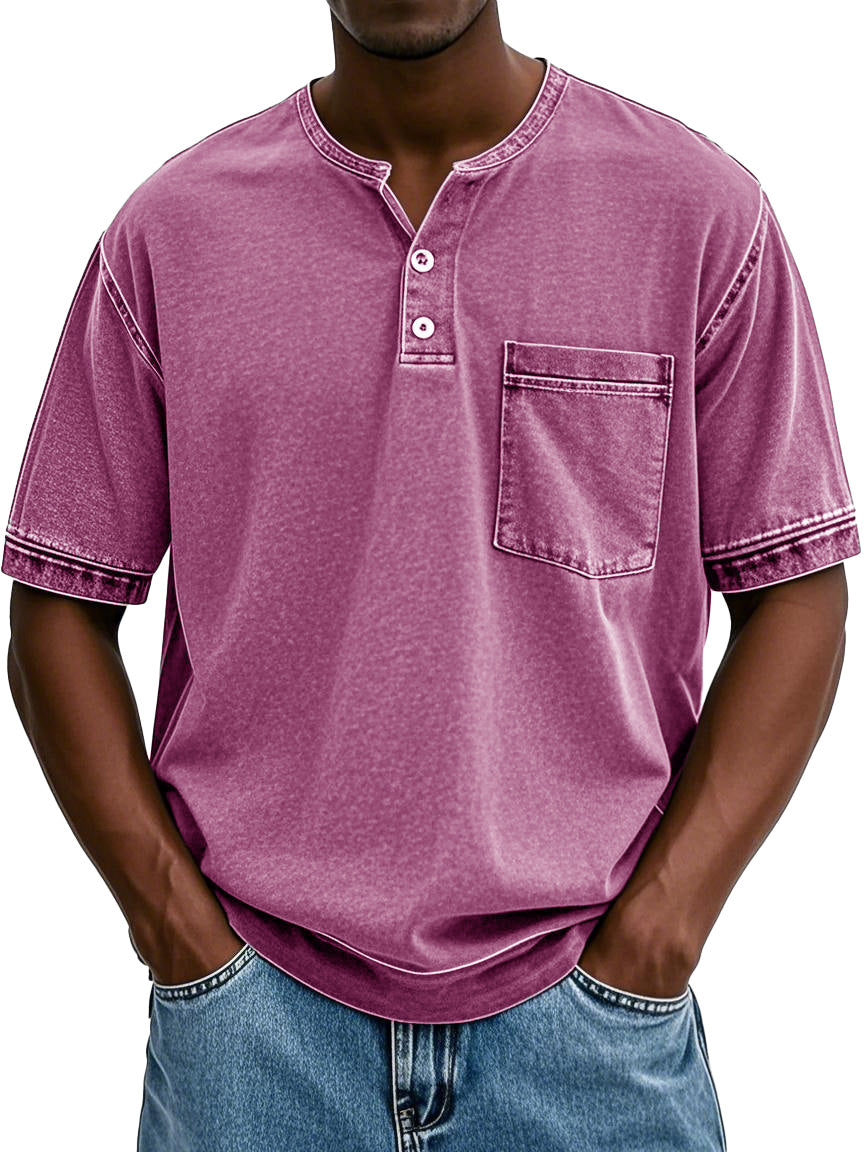 Men's Fashion Vintage Washed Pocket Short Sleeve Henley Shirt