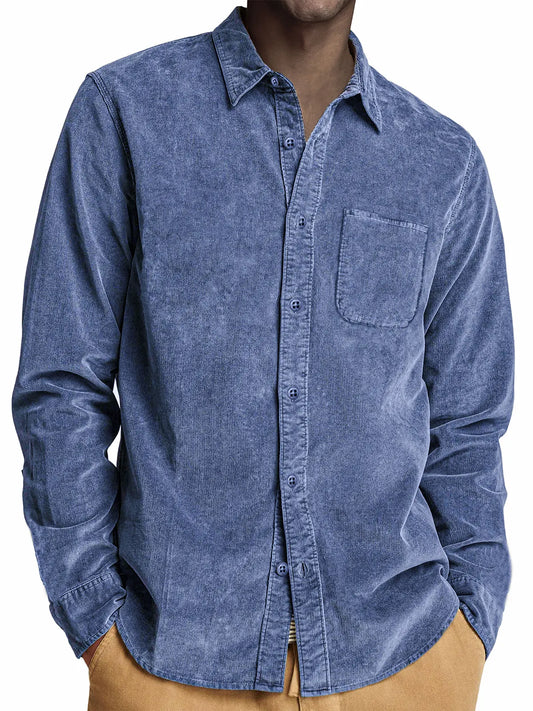Men's Vintage Corduroy Distressed Dyed Business Casual Long Sleeve Shirt With Chest Pocket