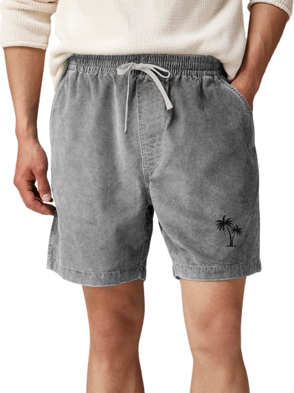 Men's Cotton Washed Water Distressed Wax Printed Pockets Palm Tree Printed Daily Shorts