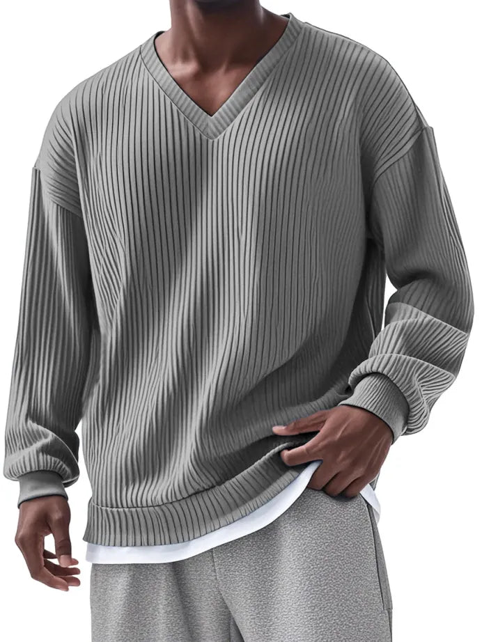 Men's Everyday Loose V-neck Vertical Long-sleeved T-shirt
