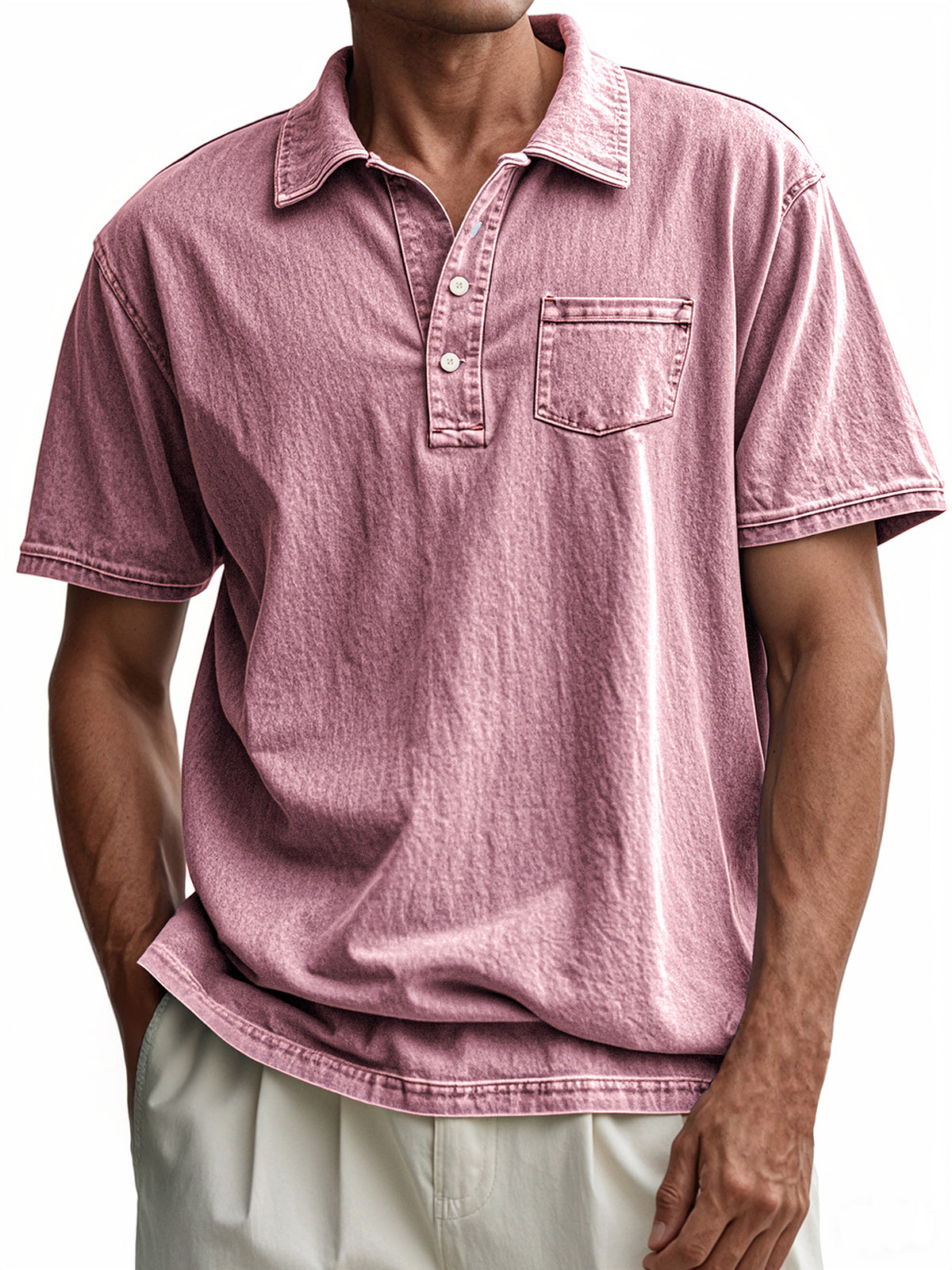 Men's Vintage Distressed Button-Down Short Sleeve POLO Shirt With Chest Pocket