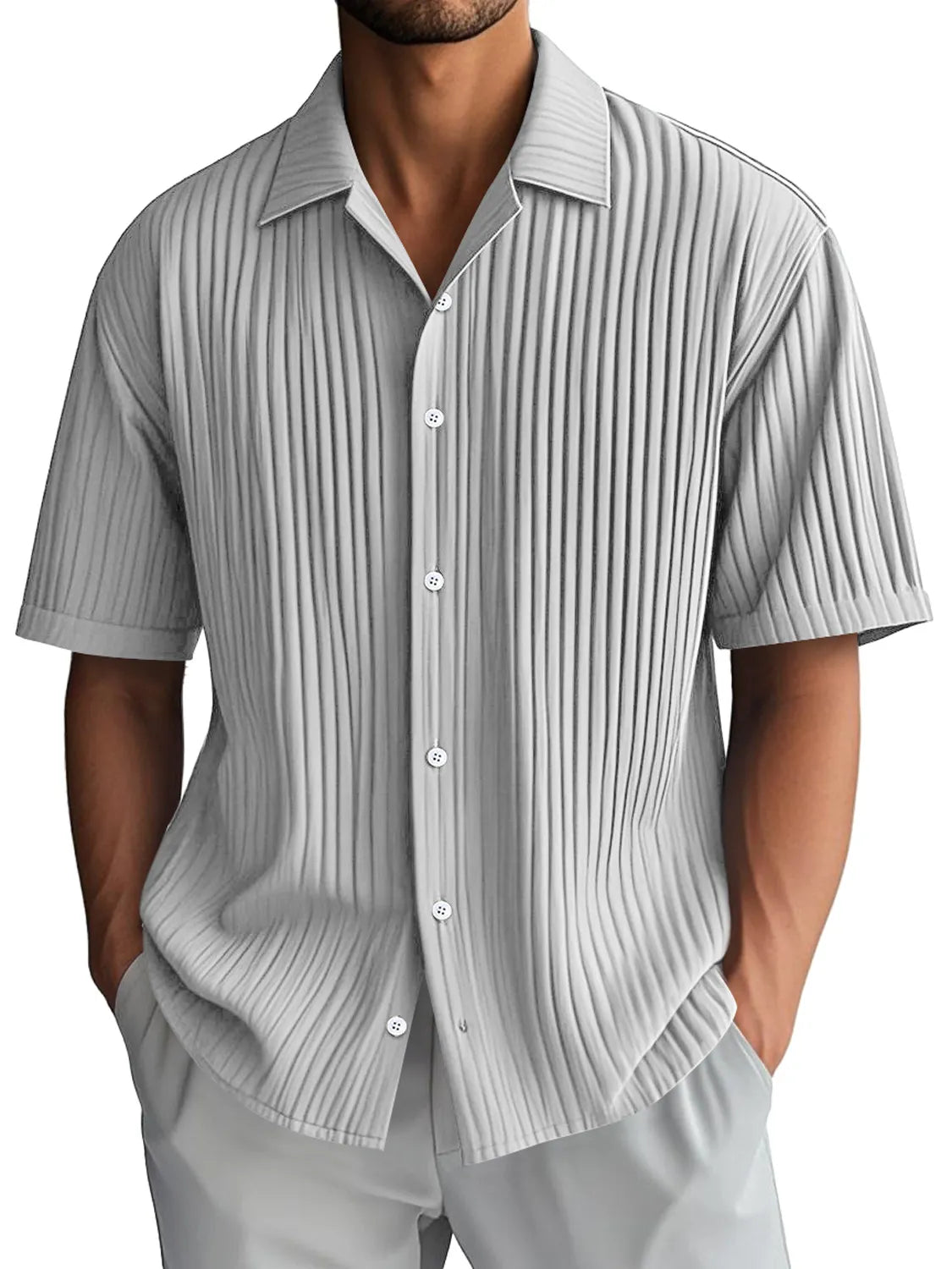 Men's Daily Casual Ribbed Lapel Comfortable Short-sleeved Shirt