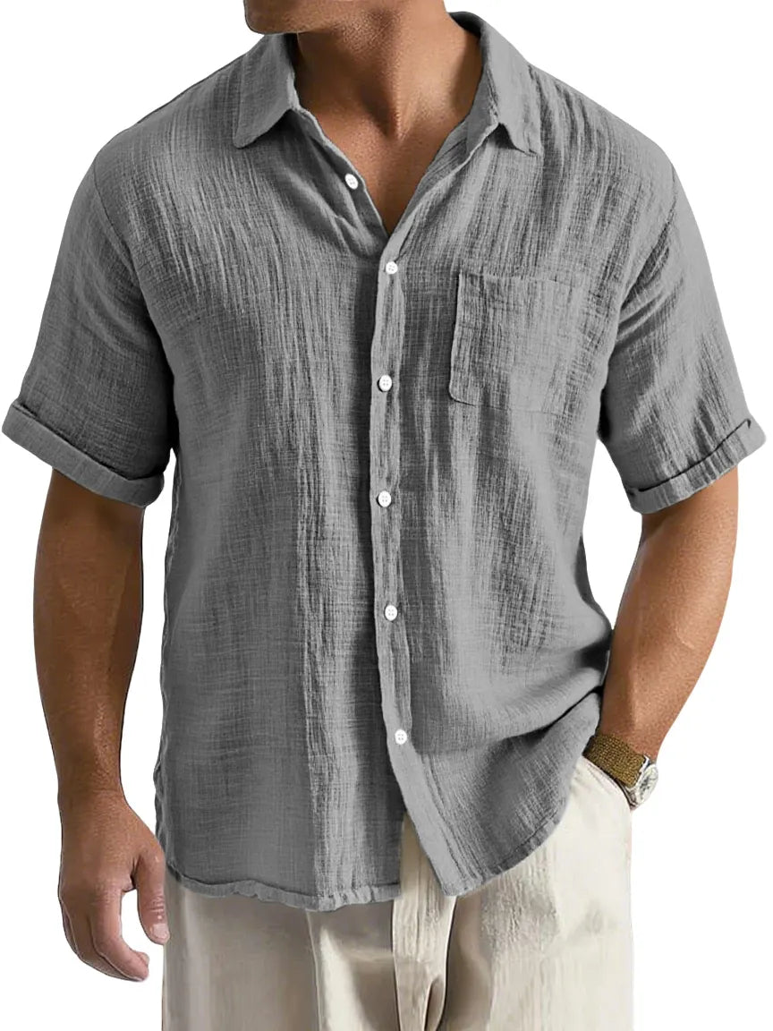 Men's Daily Casual Loose And Comfortable Imitation Linen Lapel Short-sleeved Button-down Shirt