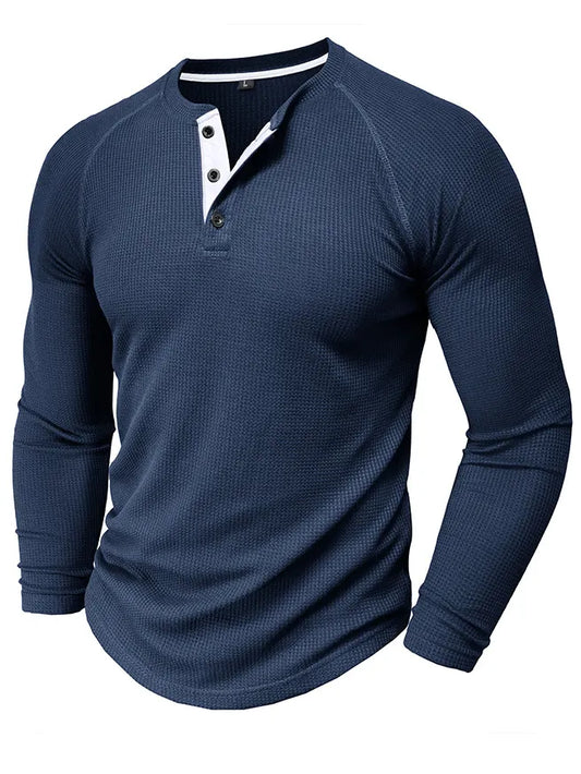 Men's Waffle Henley Collar Textured Long-sleeved Top