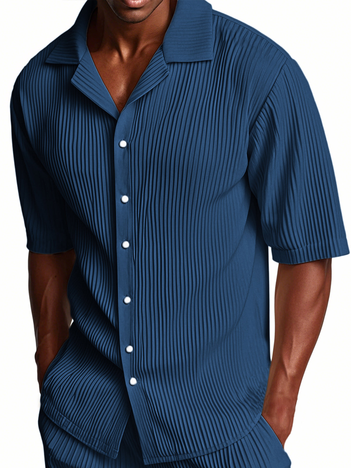 Men's Pleated Cuban Collar Casual Ribbed Fabric Short Sleeve Lapel Shirt