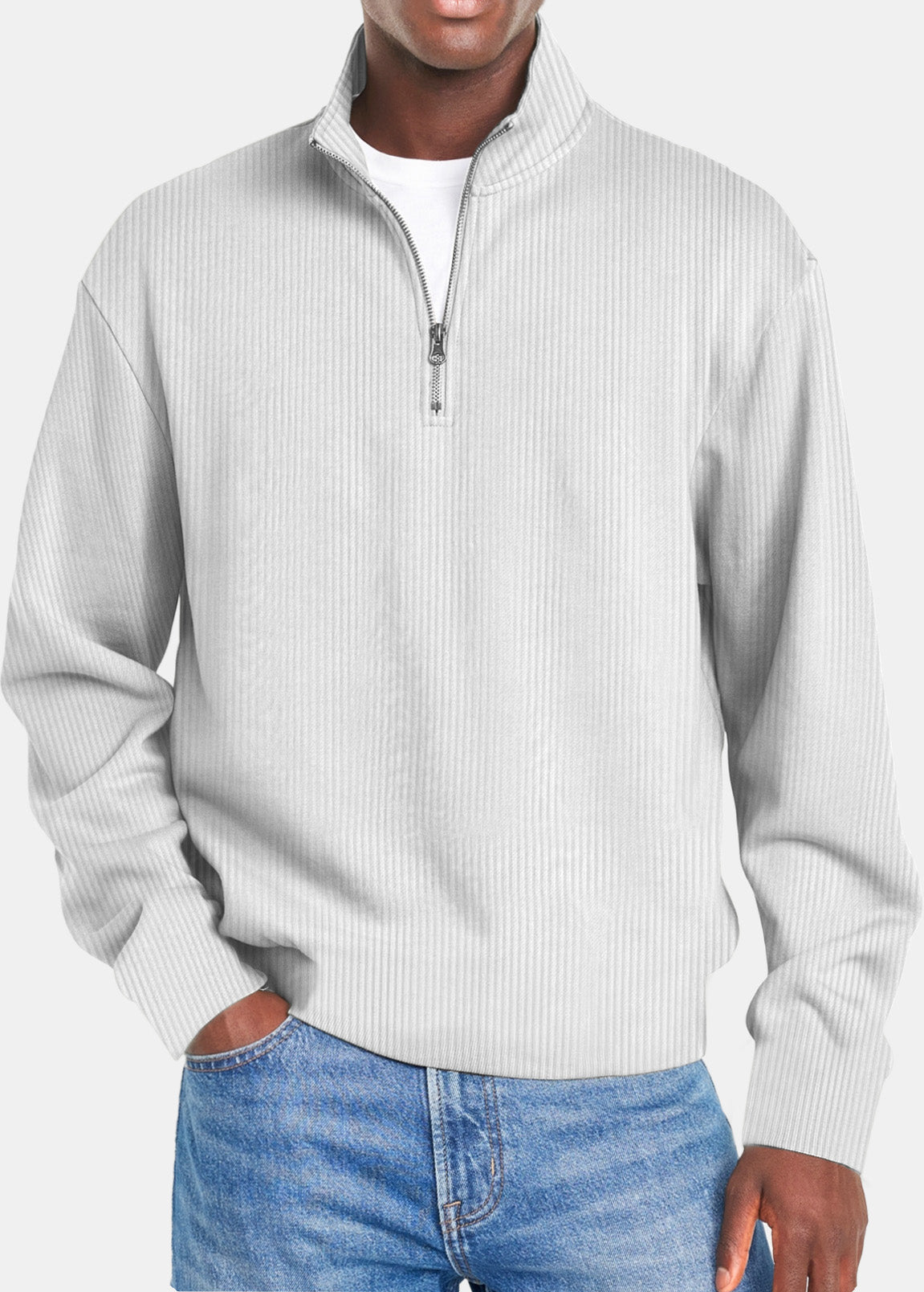 Men's Autumn and Winter Simple Vertical Strip Comfortable Zipper Long-sleeved Polo Shirt